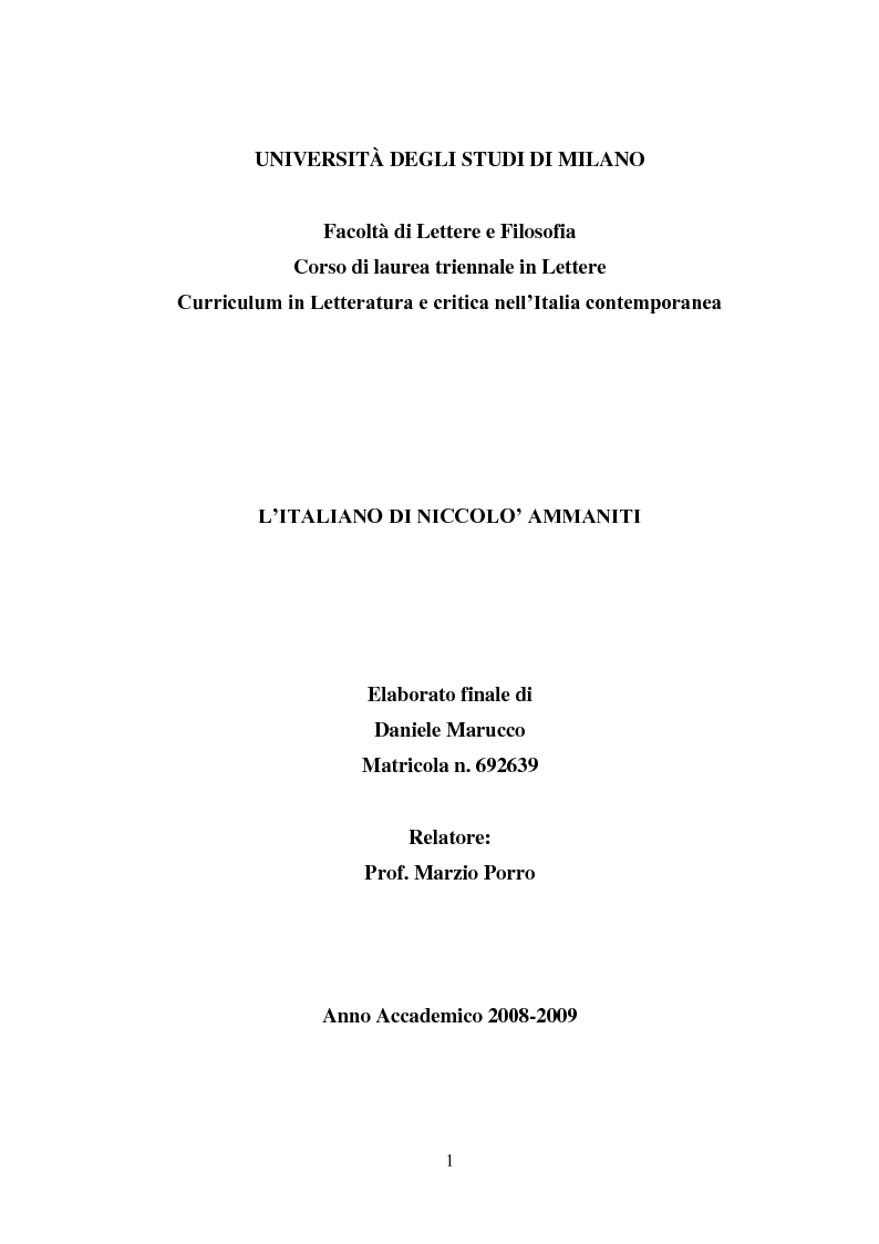 Anteprima della tesi: L'italiano di Niccolò Ammaniti, Pagina 1