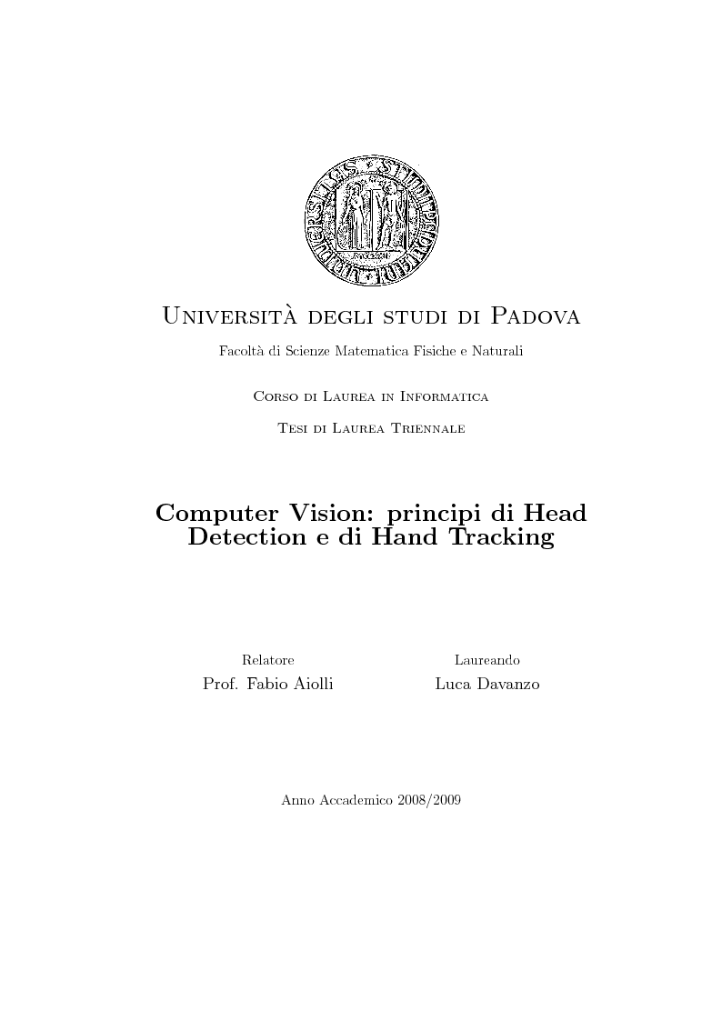 Anteprima della tesi: Computer Vision - Principi di Head Detection e di Hand Tracking, Pagina 1