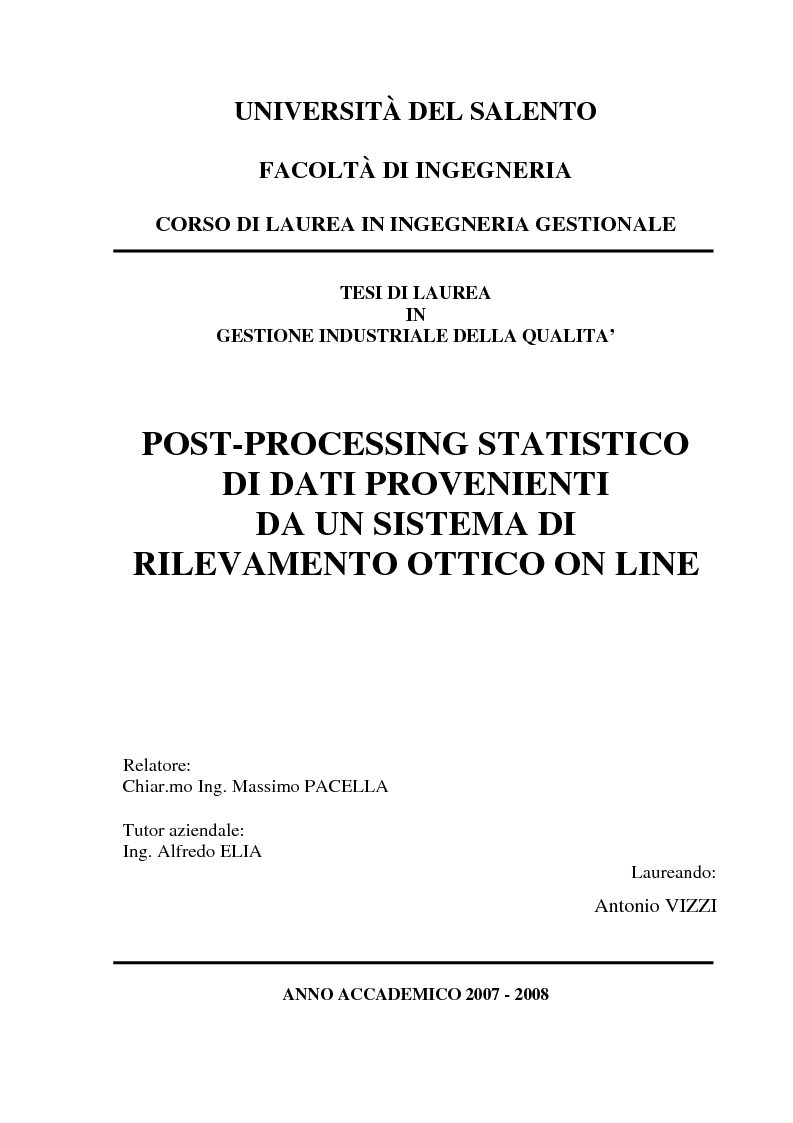 Anteprima della tesi: Post-processing statistico di dati provenienti da un sistema di rilevamento ottico on-line, Pagina 1