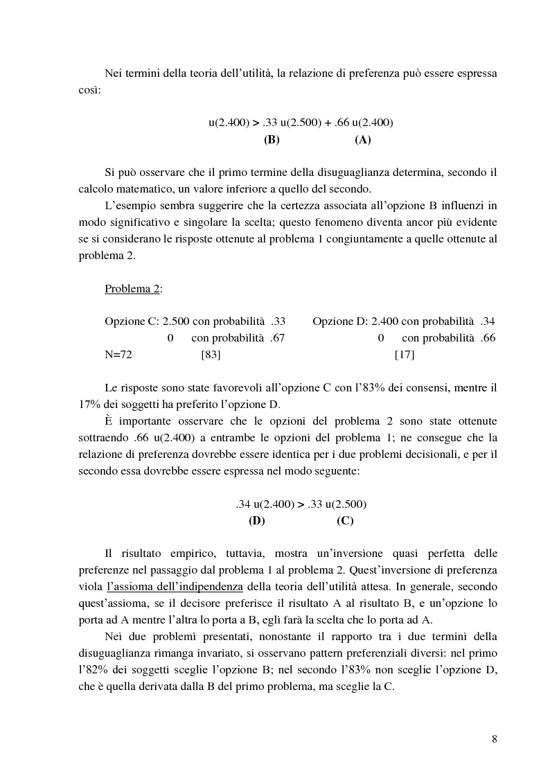 Anteprima della tesi: Effetto Framing: messaggi, giudizi e scelte. Applicazioni del framing, dalle scelte monetarie a quelle della salute, Pagina 4