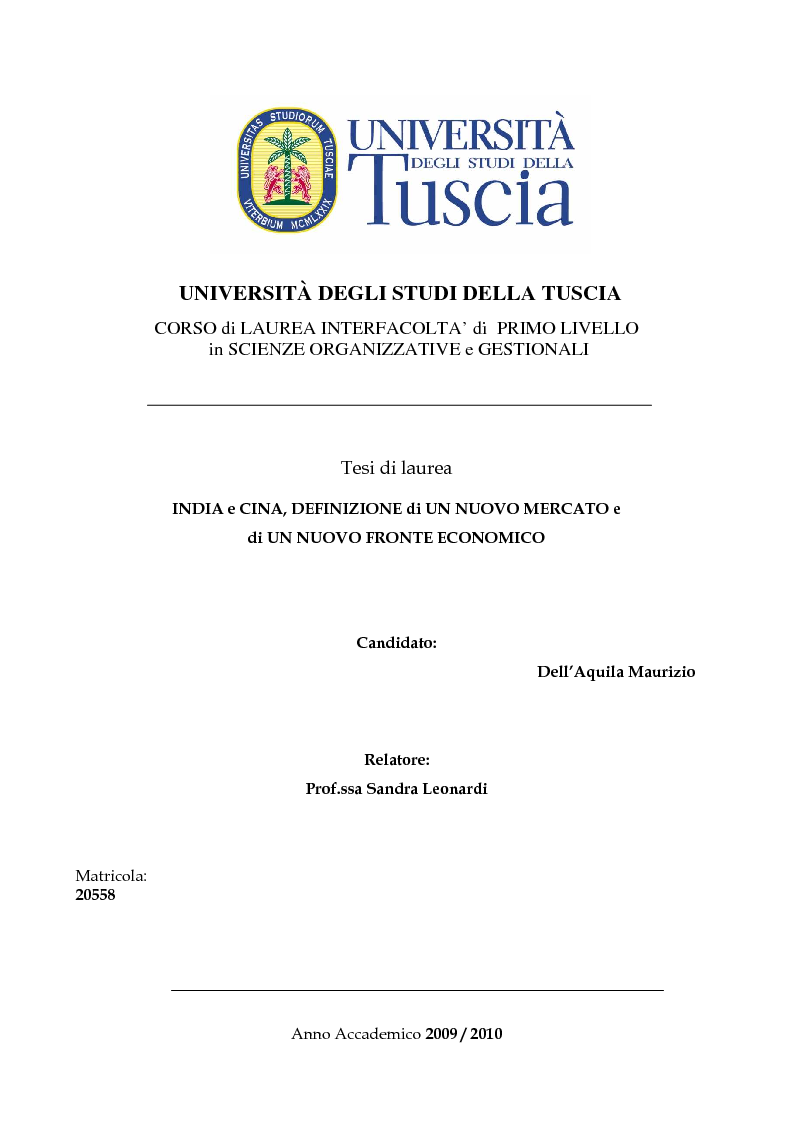 Anteprima della tesi: India e Cina, definizione di un nuovo mercato e di un nuovo fronte economico, Pagina 1