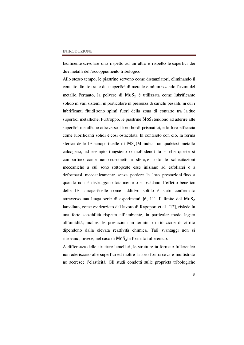 Anteprima della tesi: Caratterizzazione tribologica di lubrificanti additivati con solfuri di molibdeno e tungsteno nanostrutturati in formato fullerenico e lamellare, Pagina 9