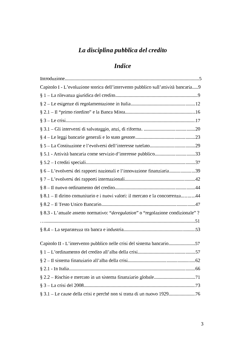 Indice della tesi: La disciplina pubblica del credito, Pagina 1