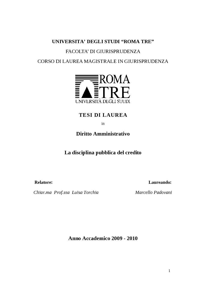 Anteprima della tesi: La disciplina pubblica del credito, Pagina 1