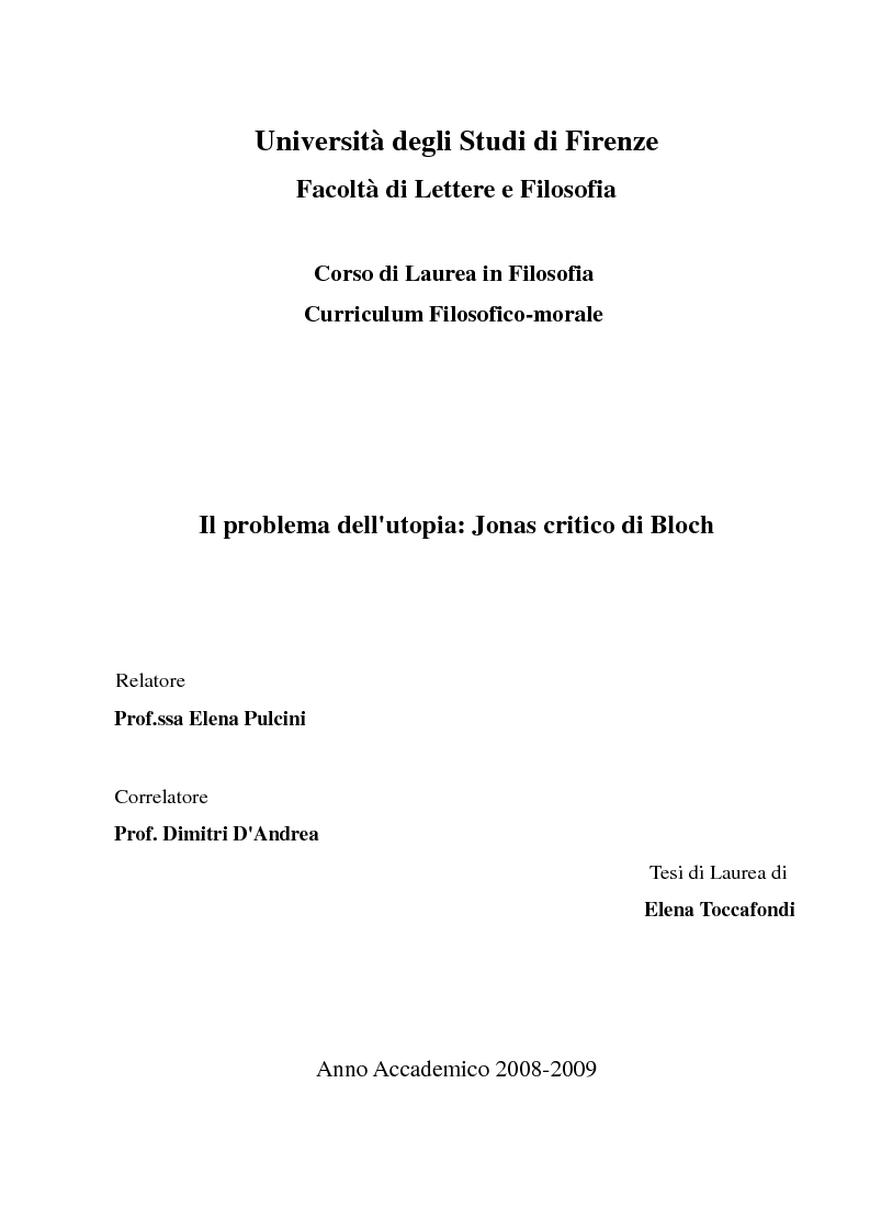 Anteprima della tesi: Il problema dell'utopia: Jonas critico di Bloch, Pagina 1