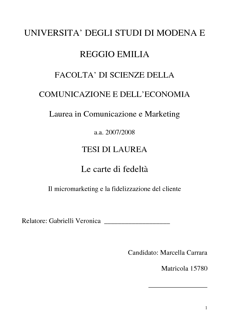 Anteprima della tesi: Le carte di fedeltà. Il micromarketing e la fidelizzazione del cliente., Pagina 1