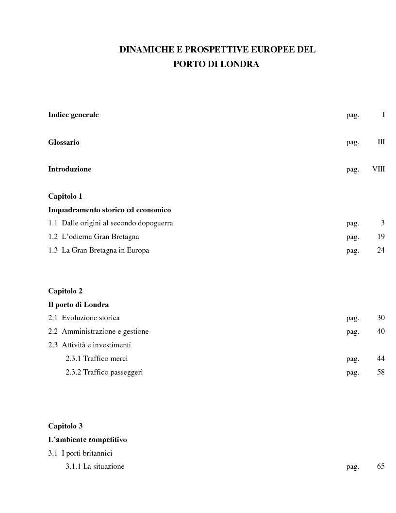 Indice della tesi: Dinamiche e prospettive europee del porto di Londra, Pagina 1