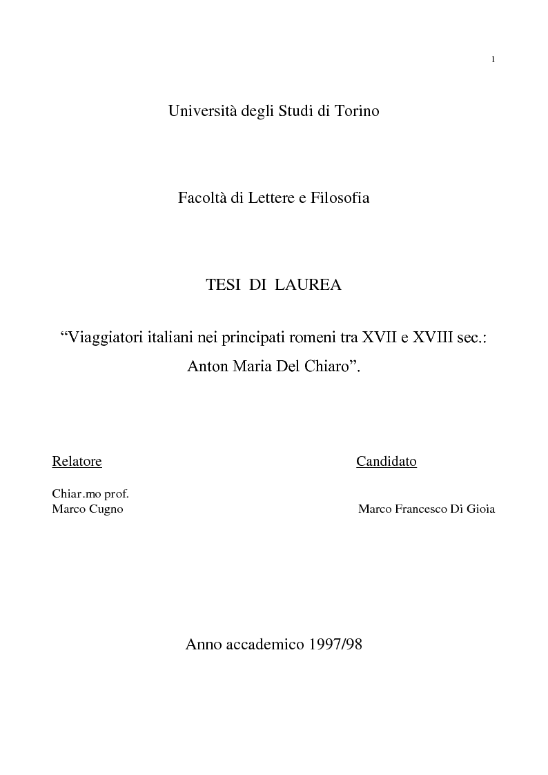 Anteprima della tesi: Viaggiatori italiani nei principati romeni tra XVII e XVIII sec.: Anton Maria Del Chiaro, Pagina 1