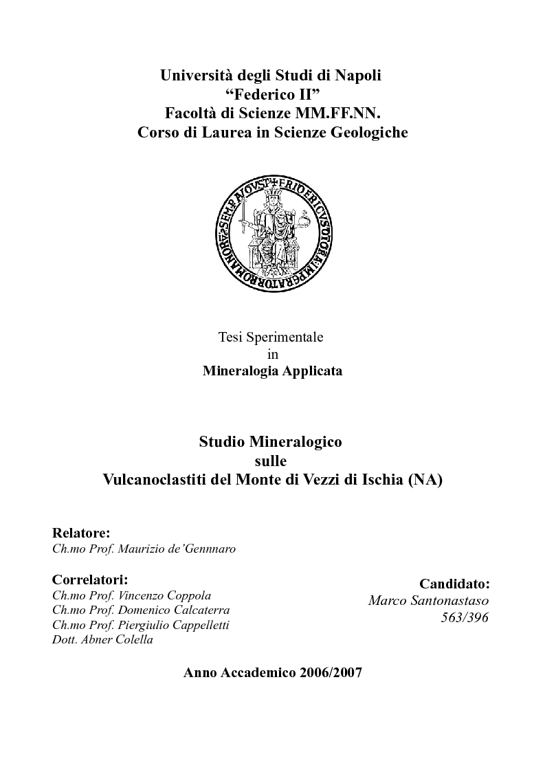 Anteprima della tesi: Studio Mineralogico sulle Vulcanoclastiti del Monte di Vezzi di Ischia (NA), Pagina 1