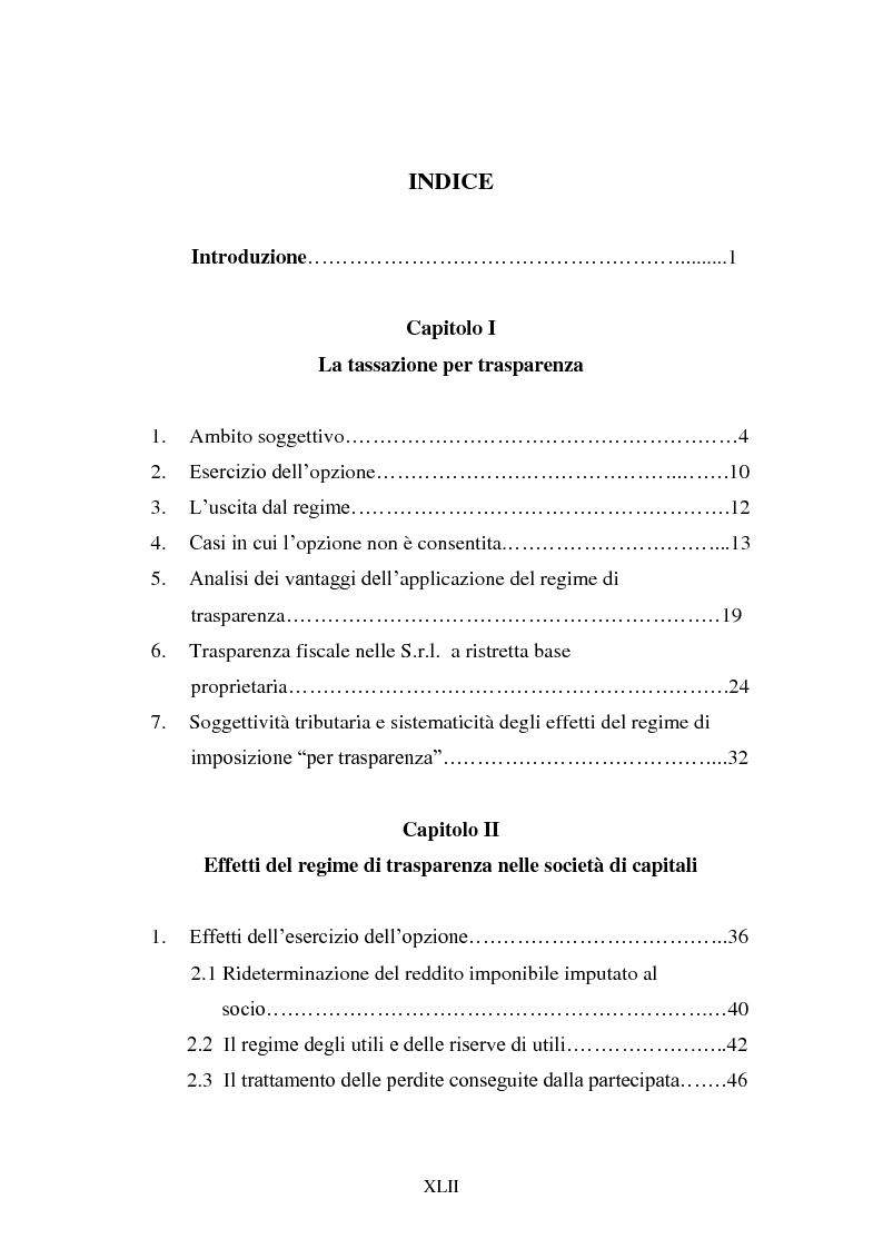 Indice della tesi: Il regime di tassazione per trasparenza nelle società di capitali, Pagina 1