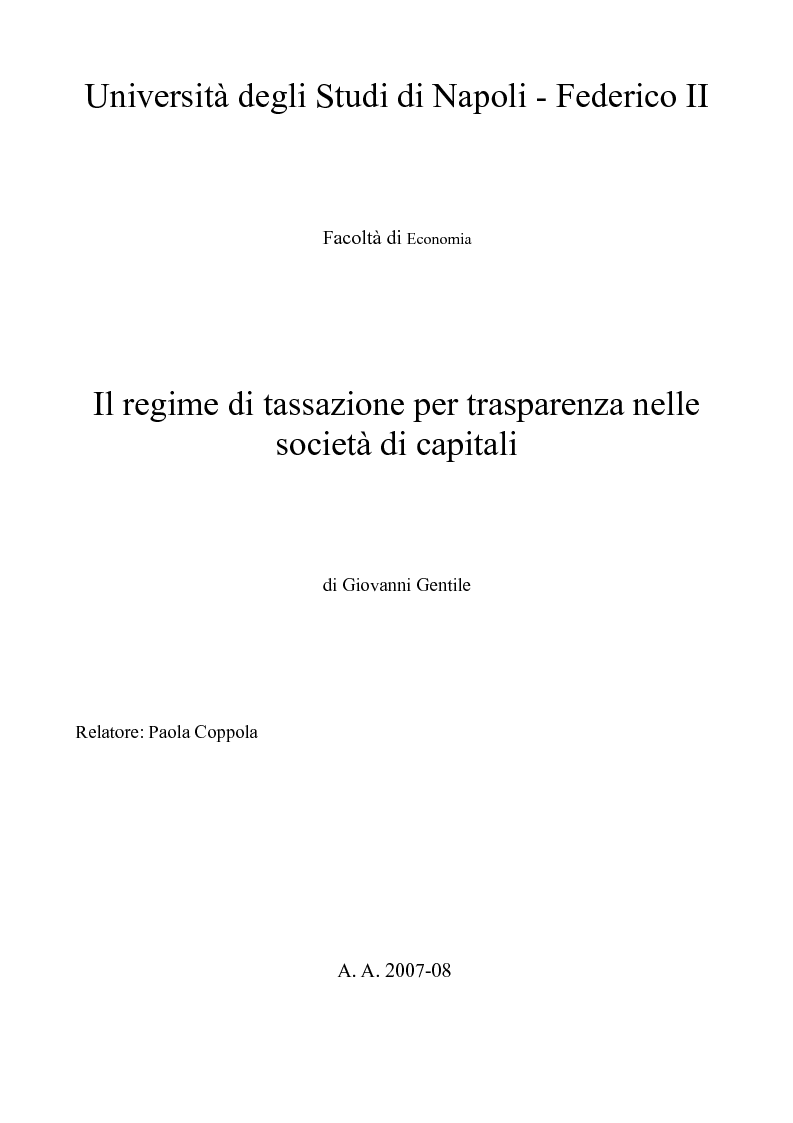 Anteprima della tesi: Il regime di tassazione per trasparenza nelle società di capitali, Pagina 1