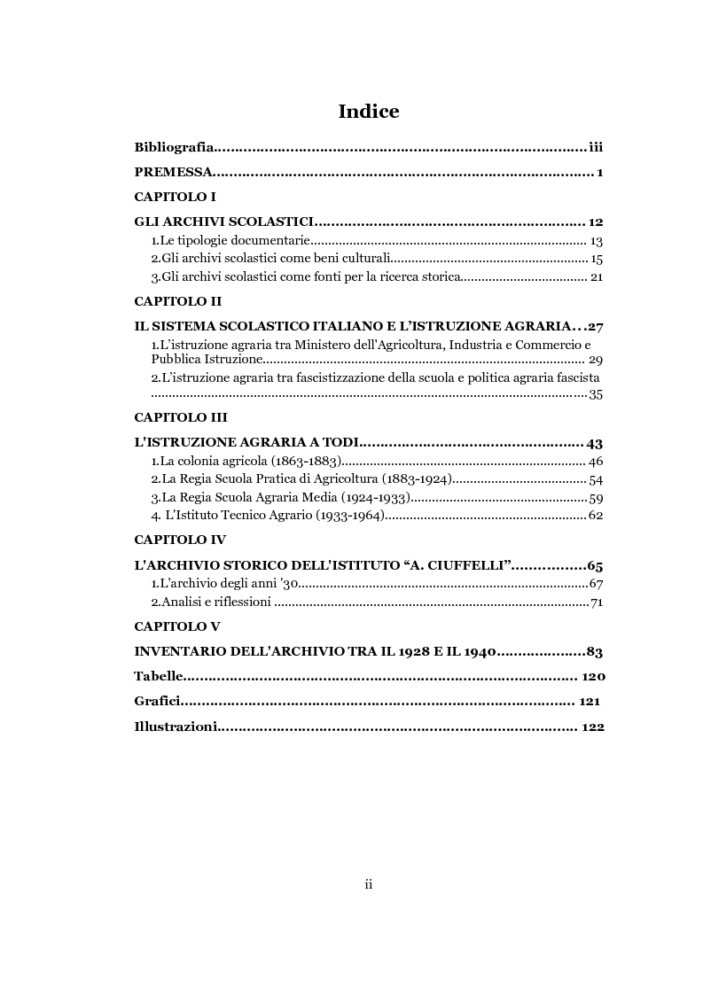 Indice della tesi: Per la storia dell’istruzione agraria negli anni ’30 del Novecento: l’Archivio storico dell’Istituto Tecnico Agrario “A. Ciuffelli” di Todi, Pagina 1