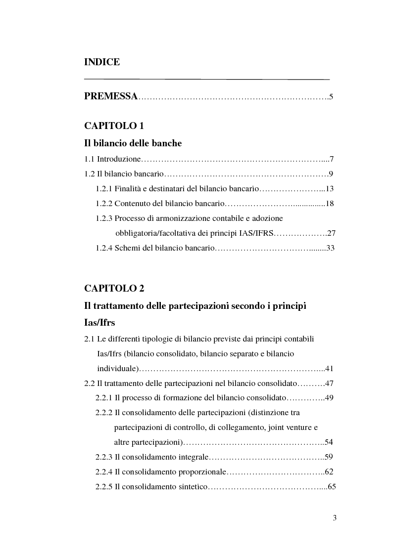 Indice della tesi: Le partecipazioni in società controllate, collegate e joint venture nel bilancio delle banche, Pagina 1