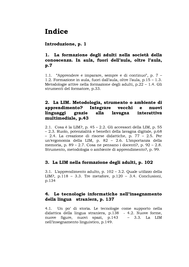 Indice della tesi: In aula con la LIM. Nuove sfide e nuove possibilità per la formazione degli adulti, Pagina 1