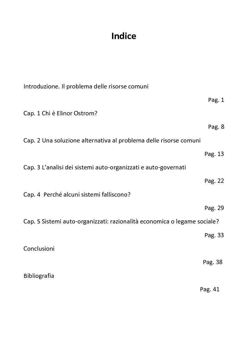 Indice della tesi: Il problema delle risorse comuni nel pensiero di Elinor Ostrom, Pagina 1