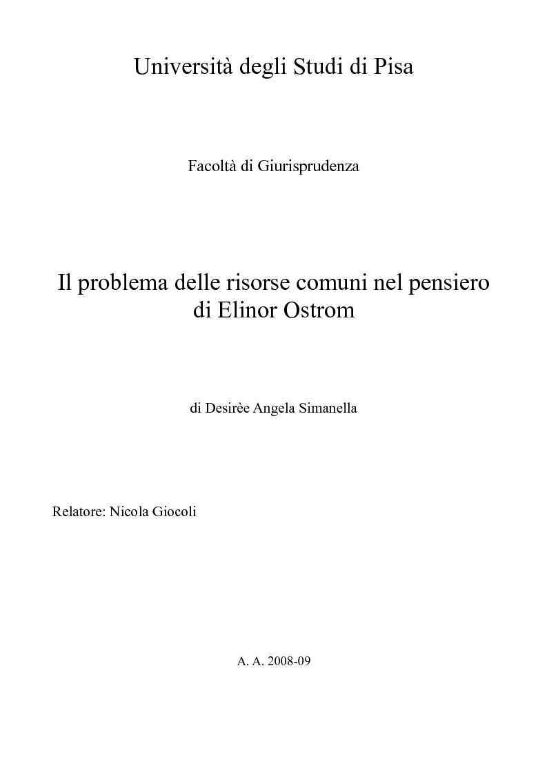 Anteprima della tesi: Il problema delle risorse comuni nel pensiero di Elinor Ostrom, Pagina 1