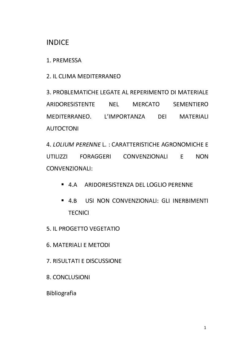 Indice della tesi: Variabilità dei caratteri morfologici e agronomici di popolazioni sardo-corse di Lolium perenne L., Pagina 1