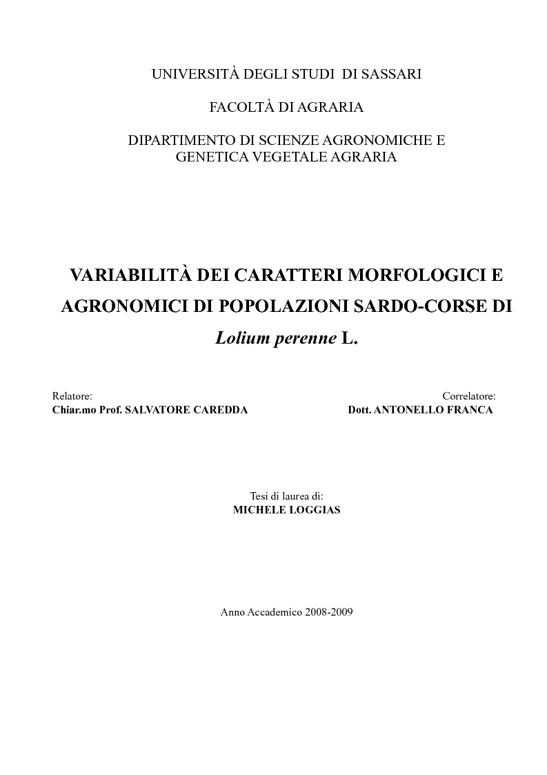 Anteprima della tesi: Variabilità dei caratteri morfologici e agronomici di popolazioni sardo-corse di Lolium perenne L., Pagina 1