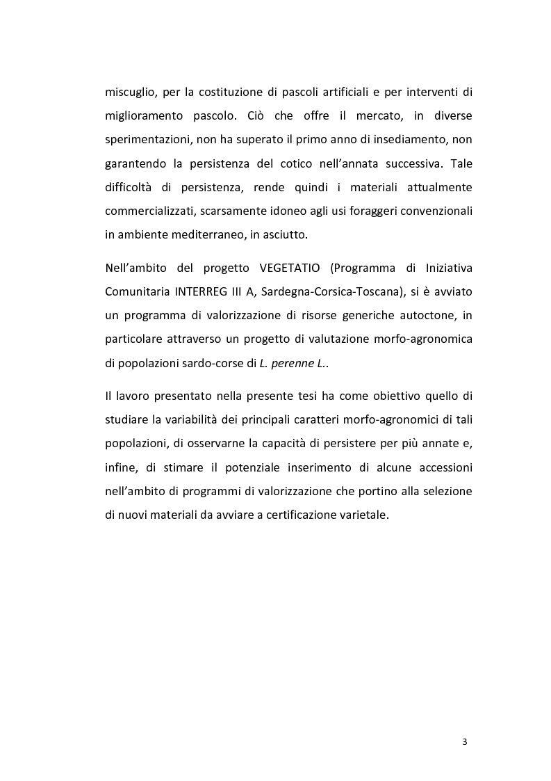 Anteprima della tesi: Variabilità dei caratteri morfologici e agronomici di popolazioni sardo-corse di Lolium perenne L., Pagina 3