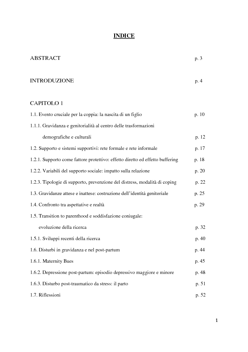 Indice della tesi: Transizione della genitorialità e relazione di coppia: possibili traiettorie, Pagina 1