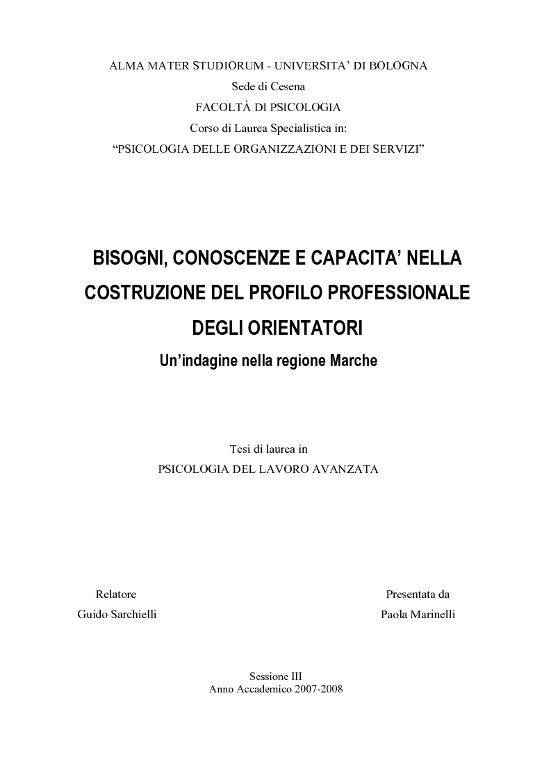 Anteprima della tesi: Bisogni, conoscenze e capacità nella costruzione del profilo professionale degli orientatori. Un'indagine nella regione Marche., Pagina 1