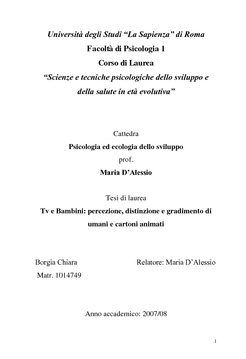 Anteprima della tesi: Tv e Bambini: percezione, distinzione e gradimento di umani e cartoni animati, Pagina 1