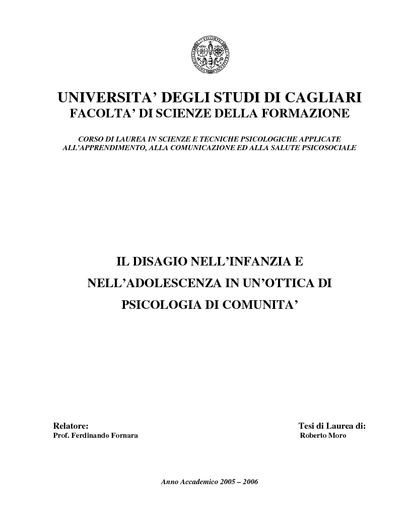 Anteprima della tesi: Il disagio nell'infanzia e nell'adolescenza in un'ottica di Psicologia di Comunità, Pagina 1