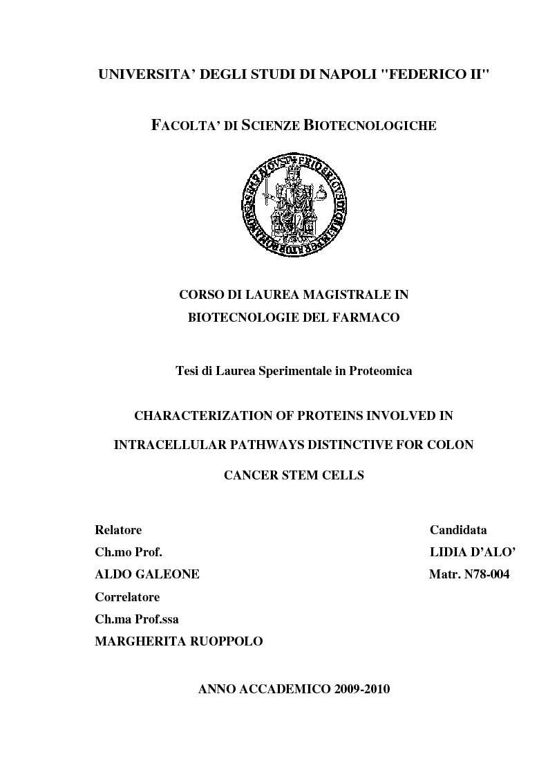 Anteprima della tesi: Characterization of proteins involved in intracellular pathways distinctive for colon cancer stem cells, Pagina 1