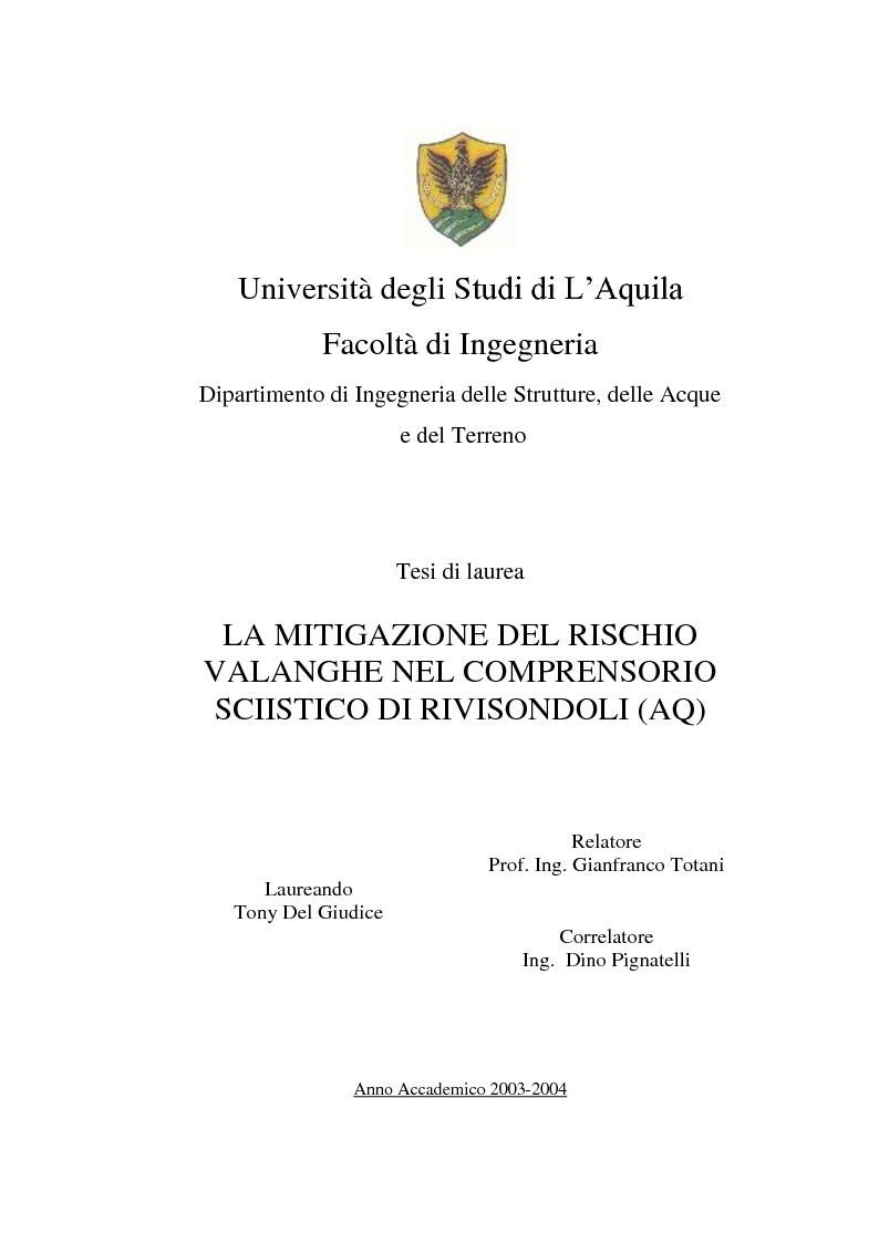 Anteprima della tesi: La mitigazione del rischio valanghe nel comprensorio sciistico di Rivisondoli (AQ), Pagina 1