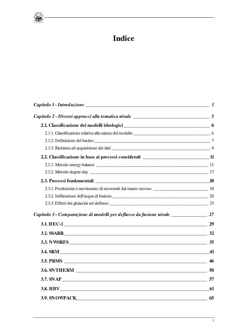 Indice della tesi: Elaborazione di un modello di fusione nivale per bacini alpini d’alta quota., Pagina 1