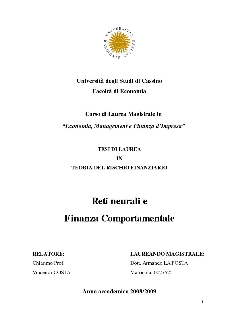 Anteprima della tesi: Reti neurali e finanza comportamentale, Pagina 1