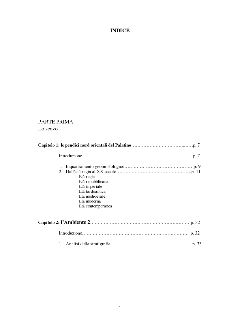 Indice della tesi: Le pendici nord-orientali del Palatino tra tarda antichità ed età moderna (Ambiente 2). Contesti, stratigrafia, storia, Pagina 1