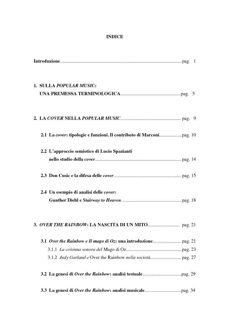 Indice della tesi: 100 partite sopra l'arcobaleno: uno studio sul fenomeno cover nella popular music, Pagina 1