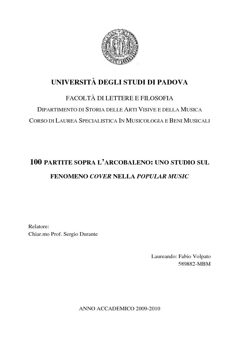 Anteprima della tesi: 100 partite sopra l'arcobaleno: uno studio sul fenomeno cover nella popular music, Pagina 1