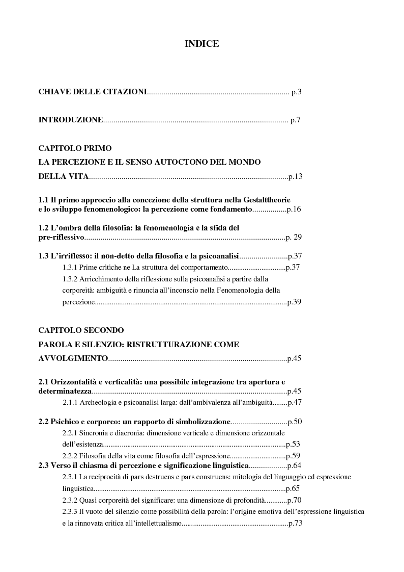 Indice della tesi: Il vuoto come rovescio del visibile. Corporeità e linguaggio in Maurice Merleau-Ponty, Pagina 1