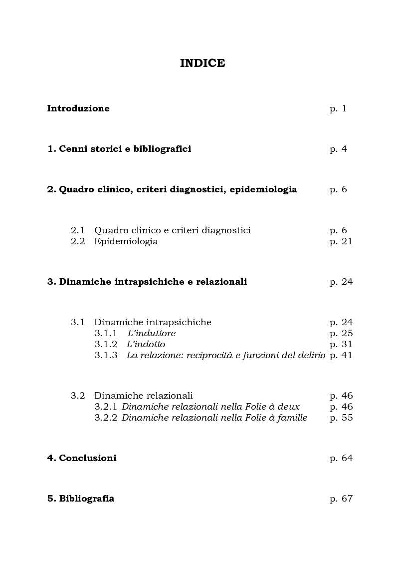 Indice della tesi: Folie à deux: dinamiche intrapsichiche e relazionali, Pagina 1
