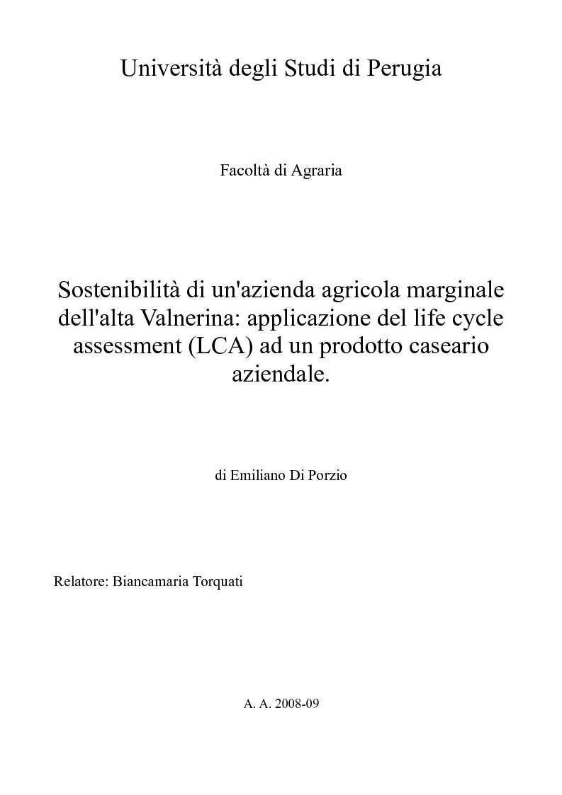 Anteprima della tesi: Sostenibilità di un'azienda agricola marginale dell'alta Valnerina: applicazione del life cycle assessment (LCA) ad un prodotto caseario aziendale, Pagina 1