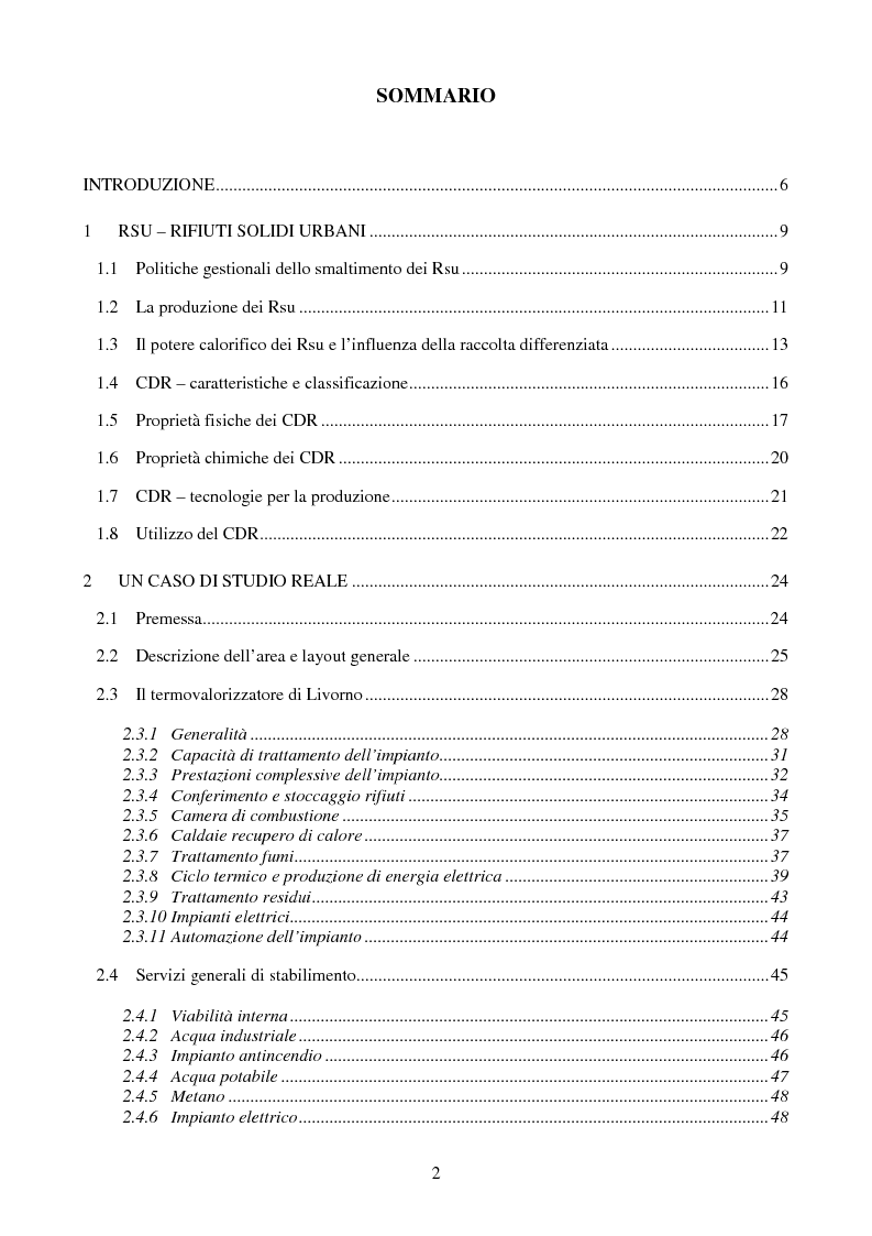 Indice della tesi: Studio del recupero energetico del termovalorizzatore di Livorno in funzione della variabilità delle caratteristiche del combustibile da rifiuto introdotto, Pagina 1