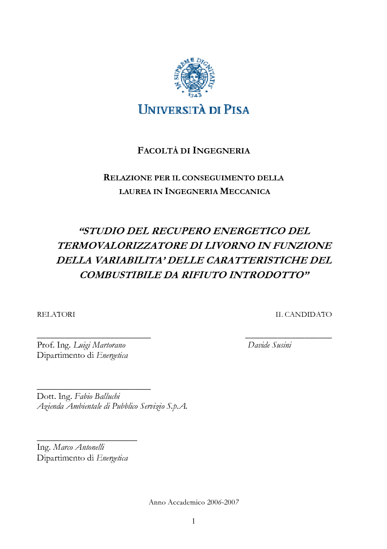 Anteprima della tesi: Studio del recupero energetico del termovalorizzatore di Livorno in funzione della variabilità delle caratteristiche del combustibile da rifiuto introdotto, Pagina 1