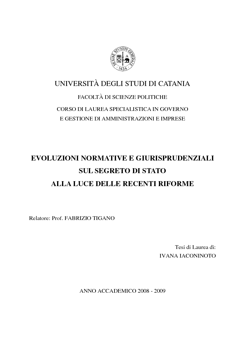 Anteprima della tesi: Evoluzioni normative e giurisprudenziali sul segreto di stato alla luce delle recenti riforme, Pagina 1