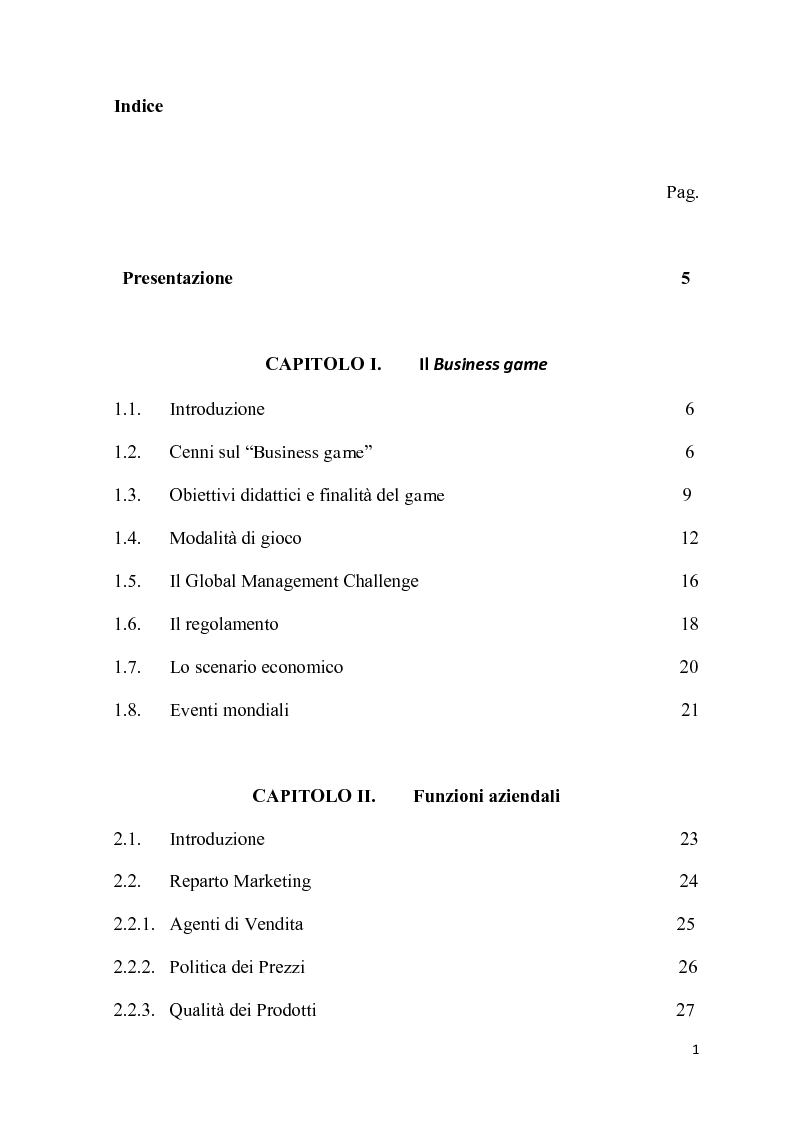 Indice della tesi: Business game: analisi dell'area contabilità e finanza, Pagina 1