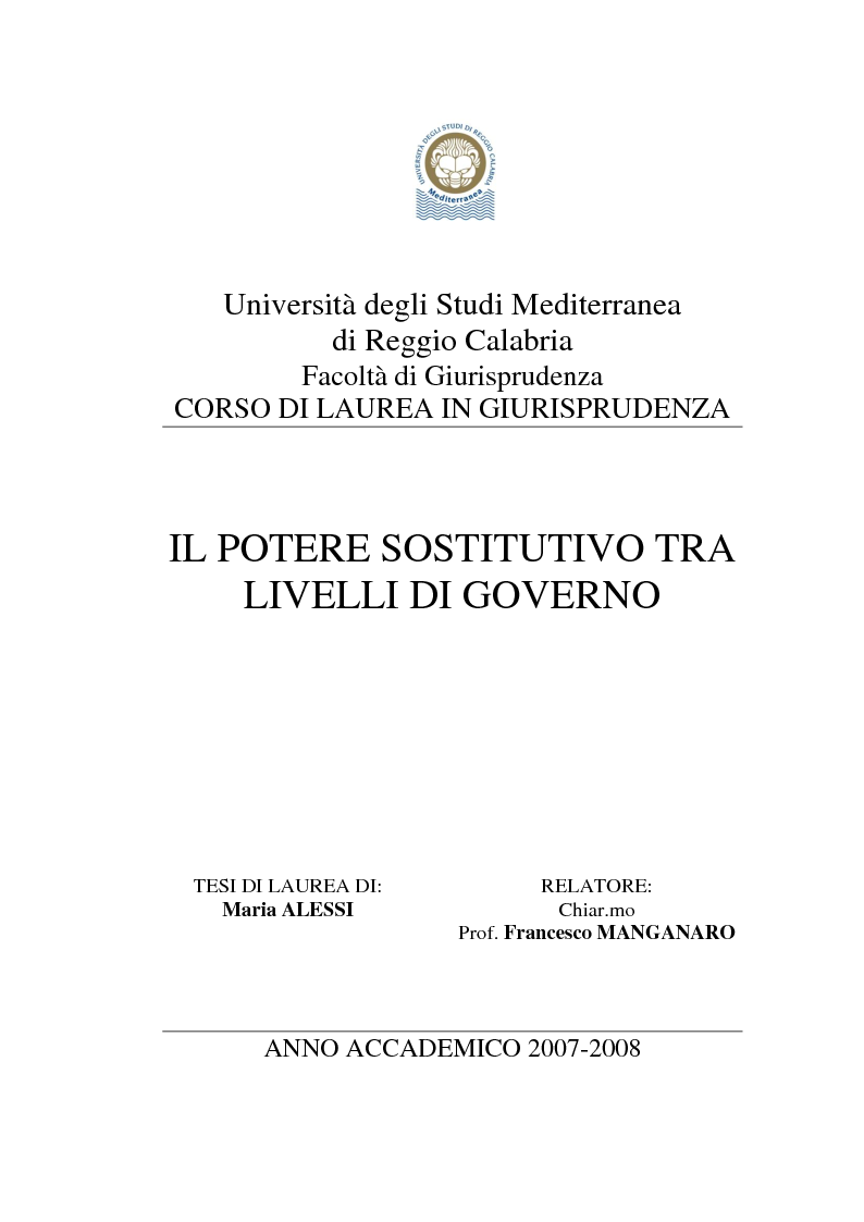 Anteprima della tesi: Il Potere Sostitutivo tra livelli di governo, Pagina 1