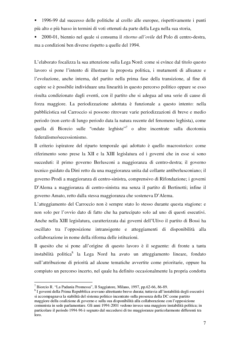 Anteprima della tesi: Carroccio e transizione. La proposta politica, le alleanze e l'evoluzione della Lega Nord 1994-2001, Pagina 5