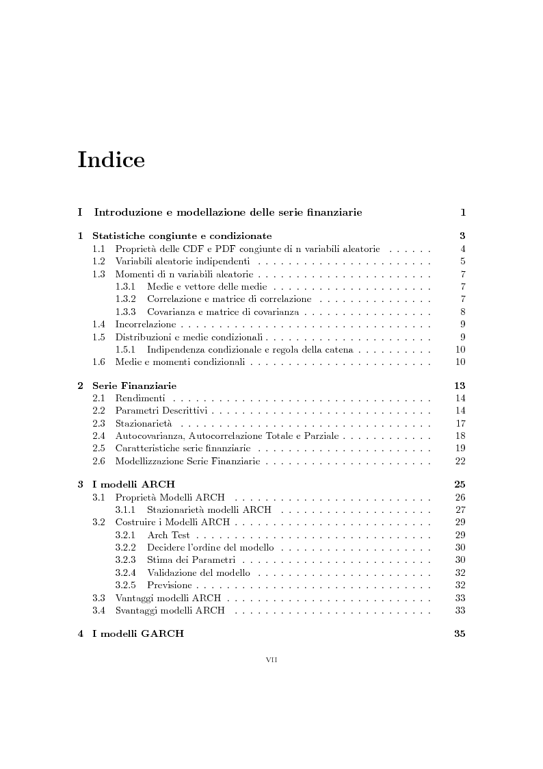 Indice della tesi: Modelli dinamici per la volatilità delle serie finanziarie: analisi e prove di simulazione, Pagina 1