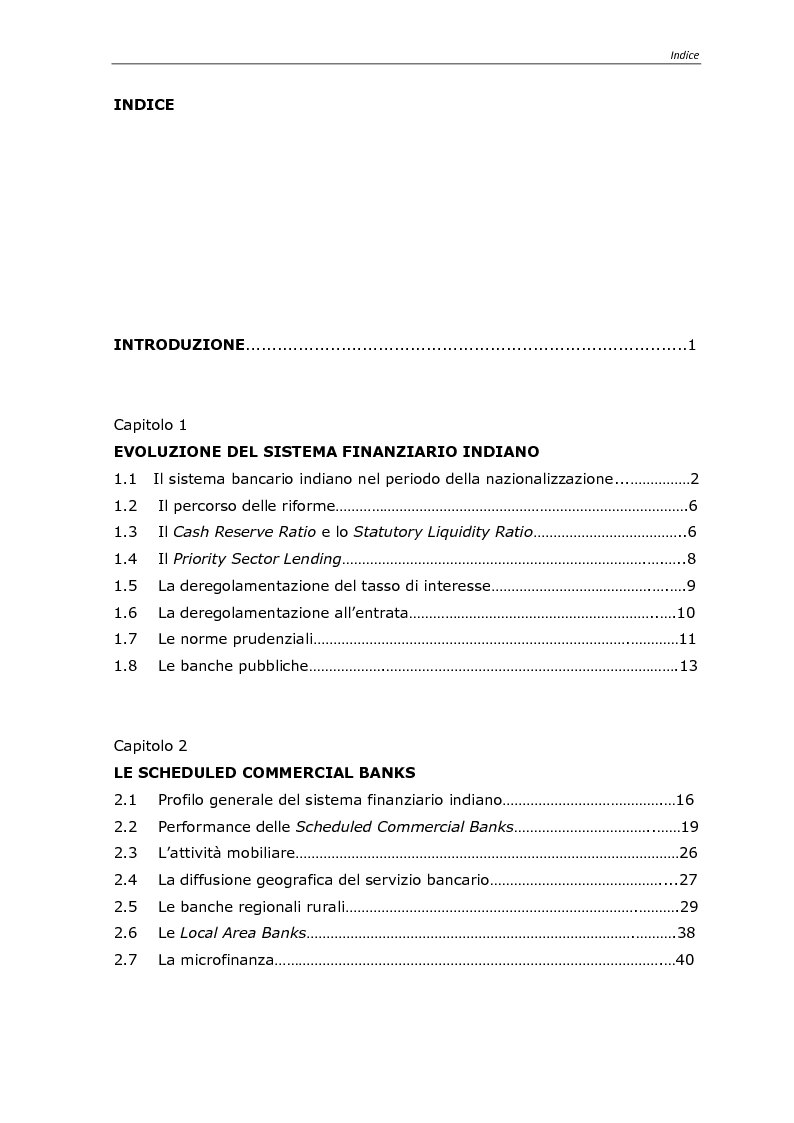 Indice della tesi: Il sistema finanziario indiano, Pagina 1
