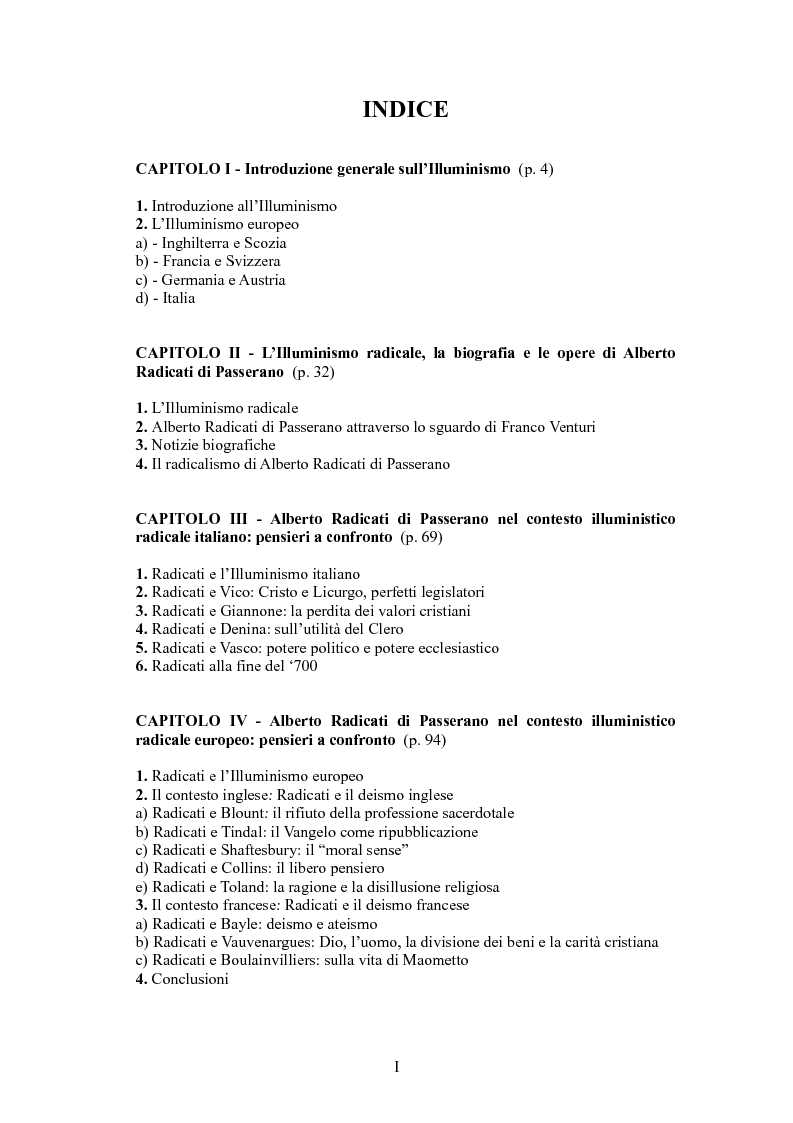 Indice della tesi: L'Illuminismo radicale in Italia e in Europa: Alberto Radicati, conte di Passerano, Pagina 1