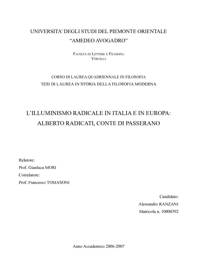 Anteprima della tesi: L'Illuminismo radicale in Italia e in Europa: Alberto Radicati, conte di Passerano, Pagina 1