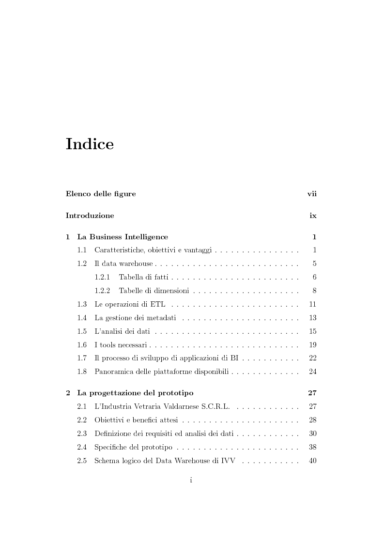 Indice della tesi: Business Intelligence e tools: considerazioni sullo sviluppo di un prototipo su piattaforma Oracle e Pentaho, Pagina 1