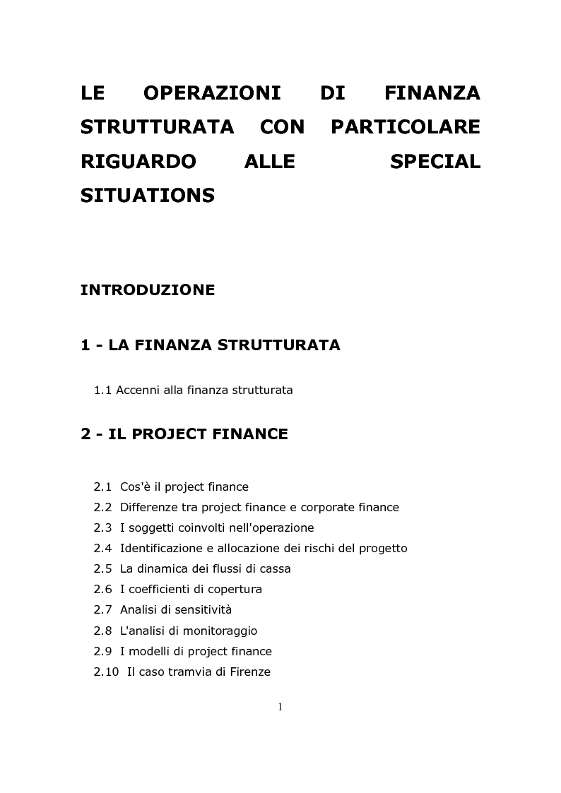 Indice della tesi: Le operazioni di finanza strutturata con particolare riguardo alle special situations, Pagina 1
