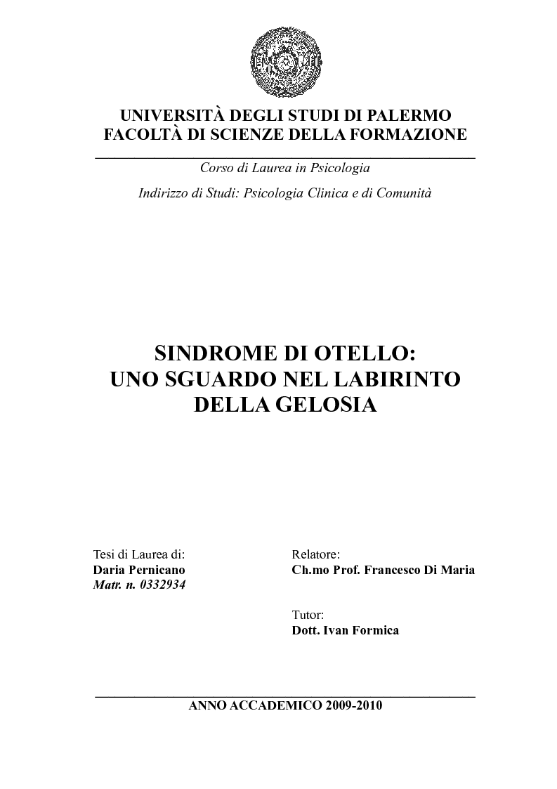 Anteprima della tesi: Sindrome di Otello: uno sguardo nel labirinto della gelosia, Pagina 1